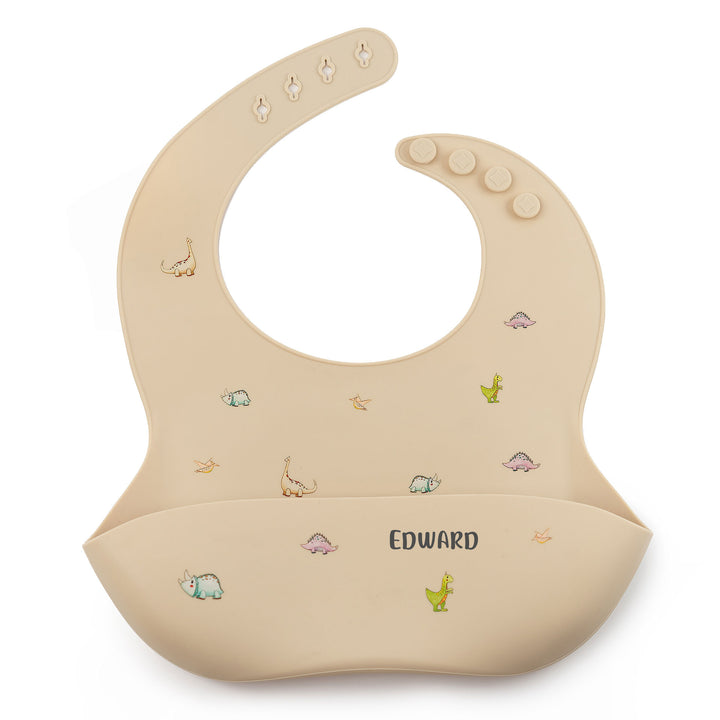 JBØRN Silicone Baby Feeding Bib | Weaning Essentials Dinosaurs Vanilla - Personalisable Baby Products Sold and Personalised by JustBørn