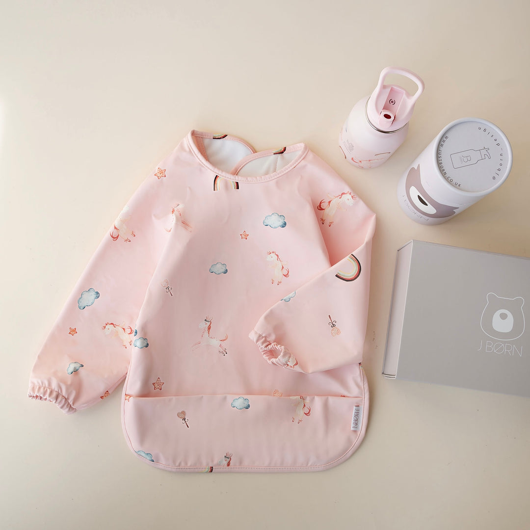 JBØRN First Birthday Gift Set | Personalised Water Bottle & Matching Sleeved Bib Unicorns - Personalisable Baby Products Sold and Personalised by JustBørn