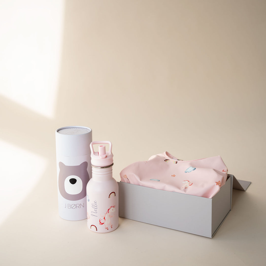 JBØRN First Birthday Gift Set | Personalised Water Bottle & Matching Sleeved Bib Unicorns - Personalisable Baby Products Sold and Personalised by JustBørn