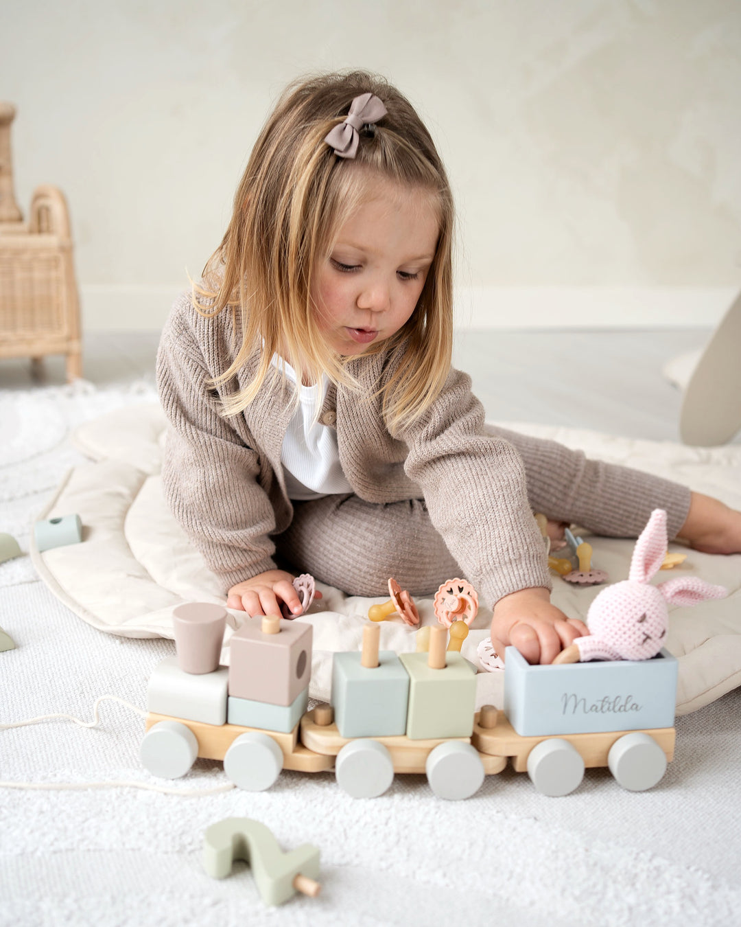 JBØRN Personalised Wooden Pull-Along Stacking Train Set - Personalisable Baby Products Sold and Personalised by JustBørn