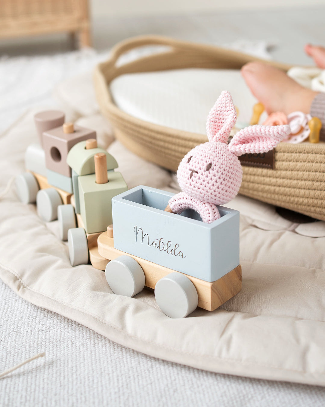 JBØRN Personalised Wooden Pull-Along Stacking Train Set - Personalisable Baby Products Sold and Personalised by JustBørn