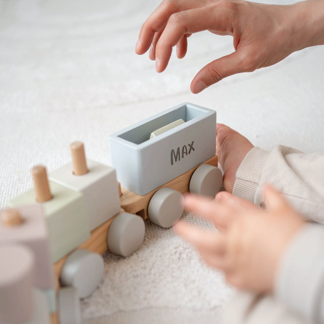 JBØRN Personalised Wooden Pull-Along Stacking Train Set - Personalisable Baby Products Sold and Personalised by JustBørn