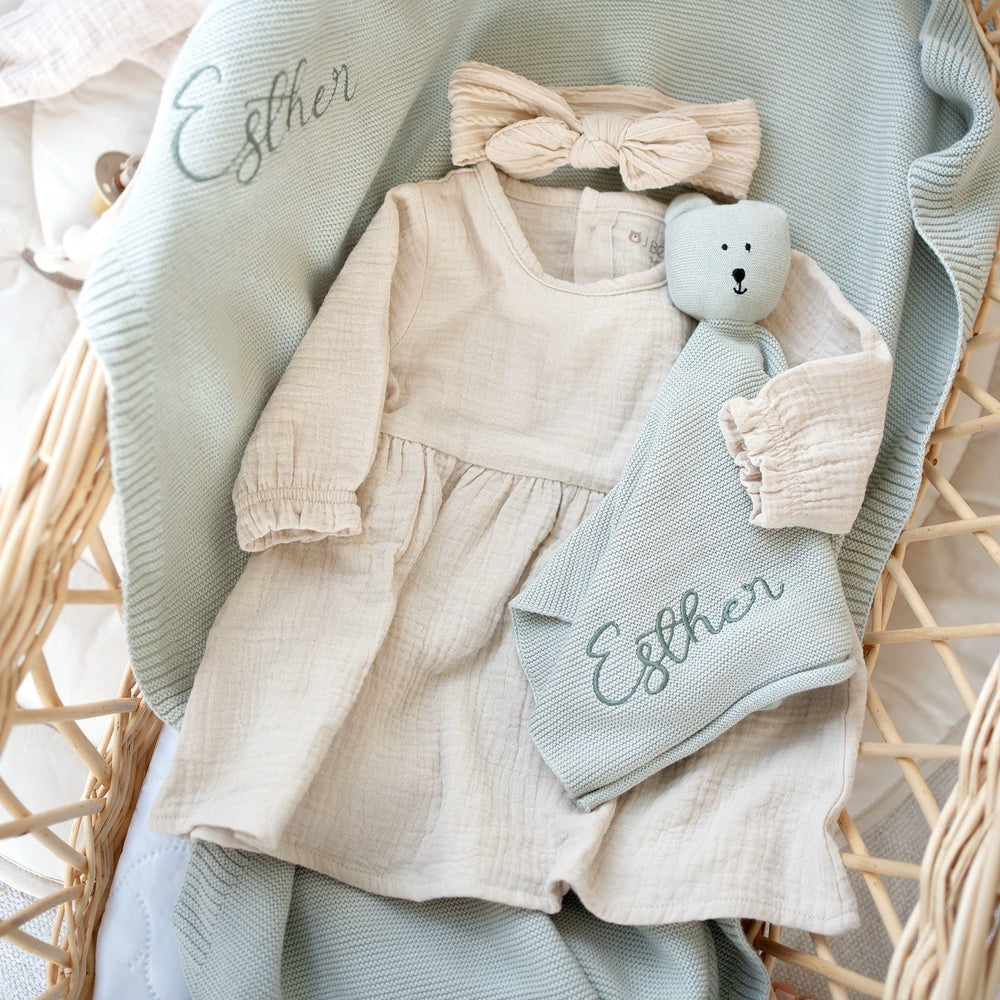 JBØRN Organic Cotton Muslin Baby Girl Dress and Bow | Personalisable - Personalisable Baby Products Sold and Personalised by JustBørn