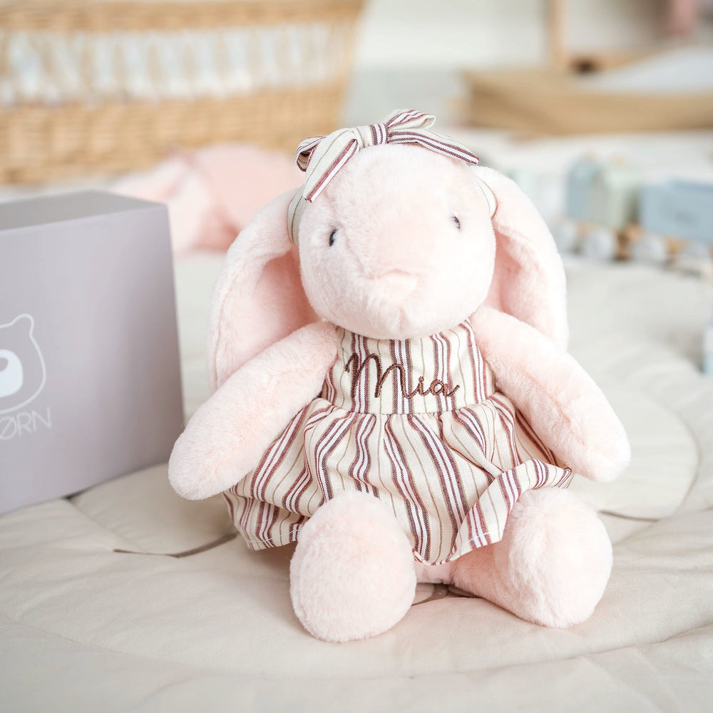JBØRN Blossom Bunny Soft Toy with Personalised Outfit Blossom Cuddle Bunny in Striped Dress - Personalisable Baby Products Sold and Personalised by JustBørn