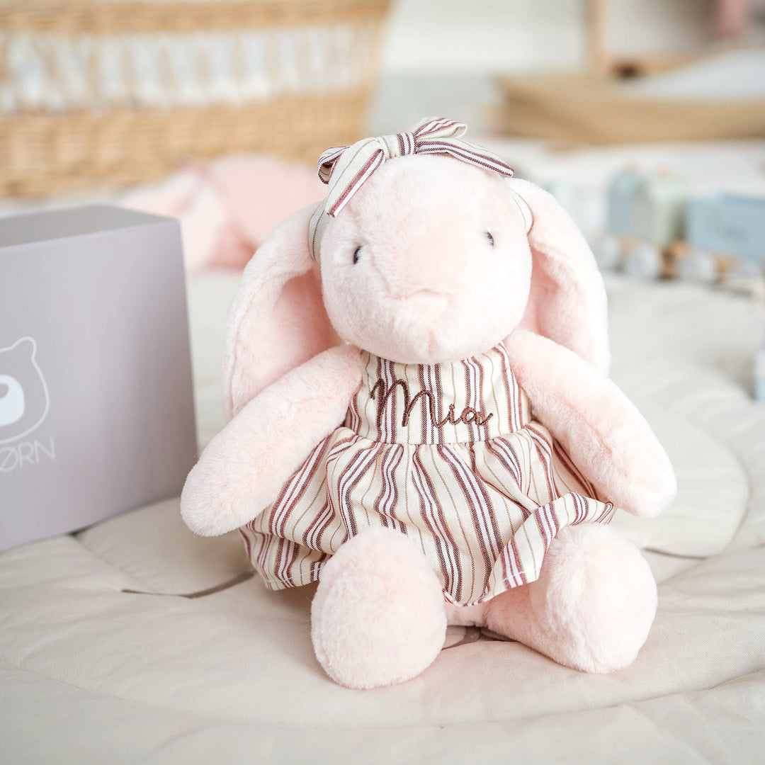 JBØRN Blossom Bunny Soft Toy with Personalised Outfit Blossom Cuddle Bunny in Striped Dress - Personalisable Baby Products Sold and Personalised by JustBørn