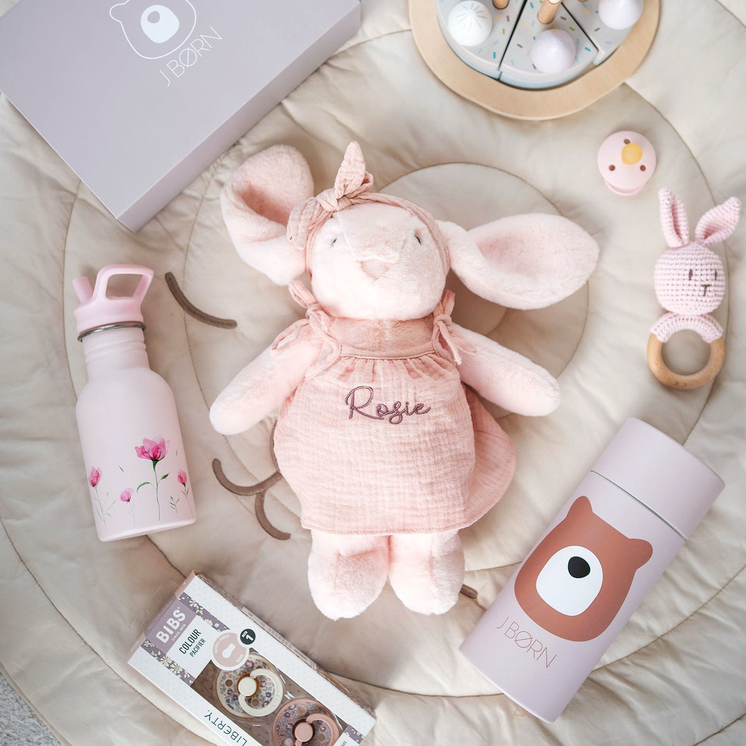 JBØRN Blossom Bunny Soft Toy with Personalised Outfit Blossom Cuddle Bunny in Striped Dress - Personalisable Baby Products Sold and Personalised by JustBørn