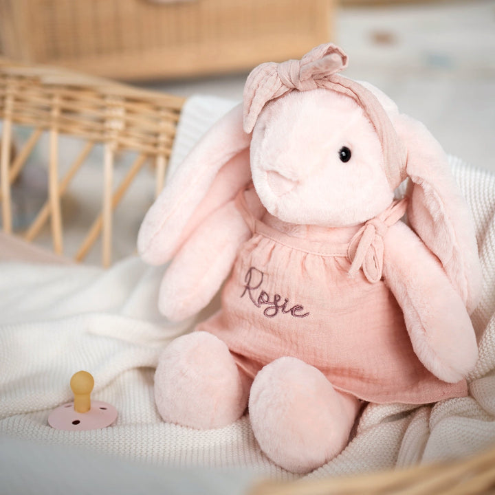 JBØRN Blossom Bunny Soft Toy with Personalised Outfit Blossom Cuddle Bunny in Striped Dress - Personalisable Baby Products Sold and Personalised by JustBørn