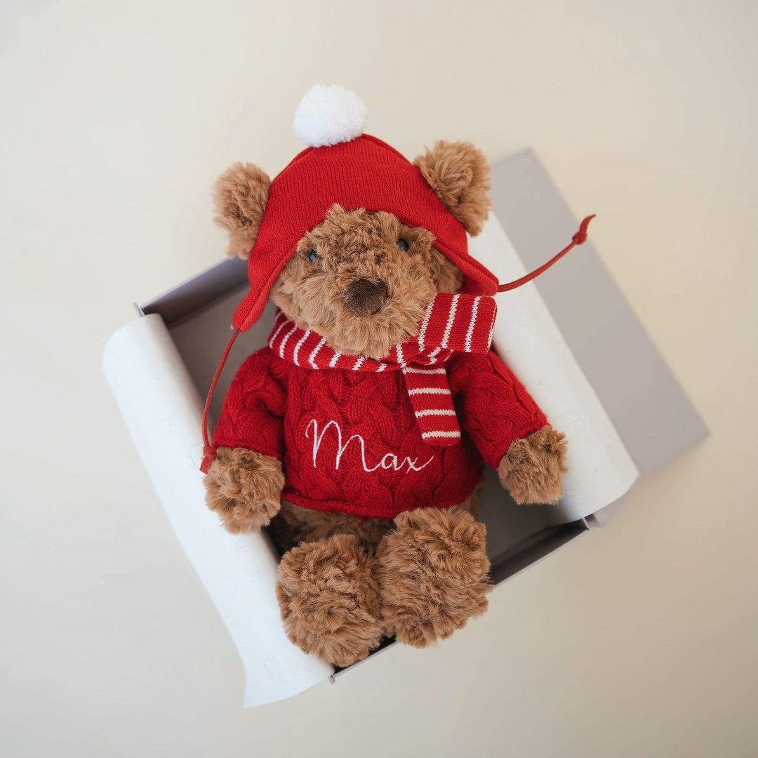 JBØRN Christmas Teddy Bear Soft Toy with Personalised Festive Outfit Add Gift Box - Personalisable Baby Products Sold and Personalised by JustBørn