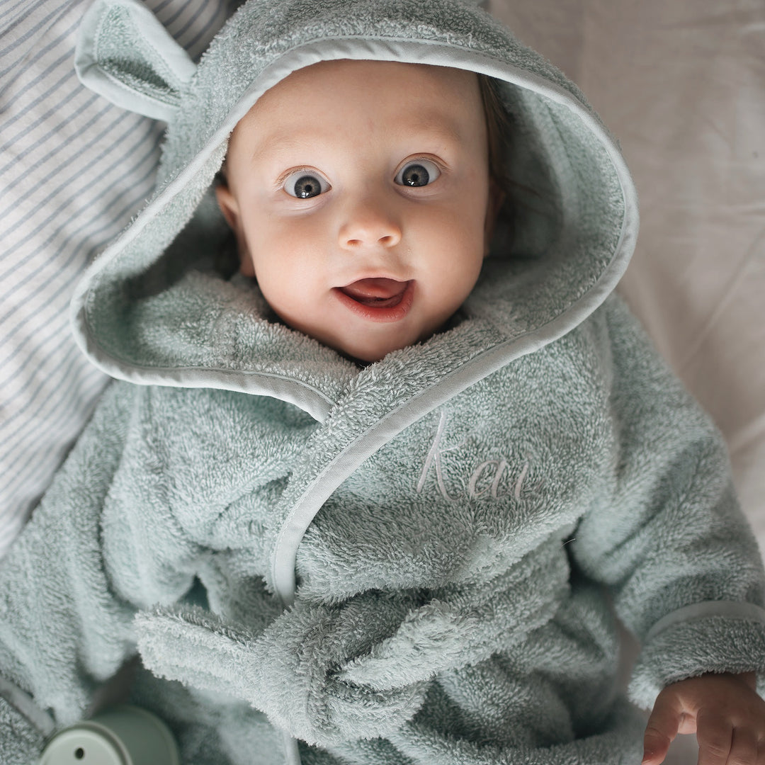 JBØRN Organic Cotton Baby Hooded Towelling Bathrobe (1-2 Years) | Personalisable Mint Yes - Personalisable Baby Products Sold and Personalised by JustBørn