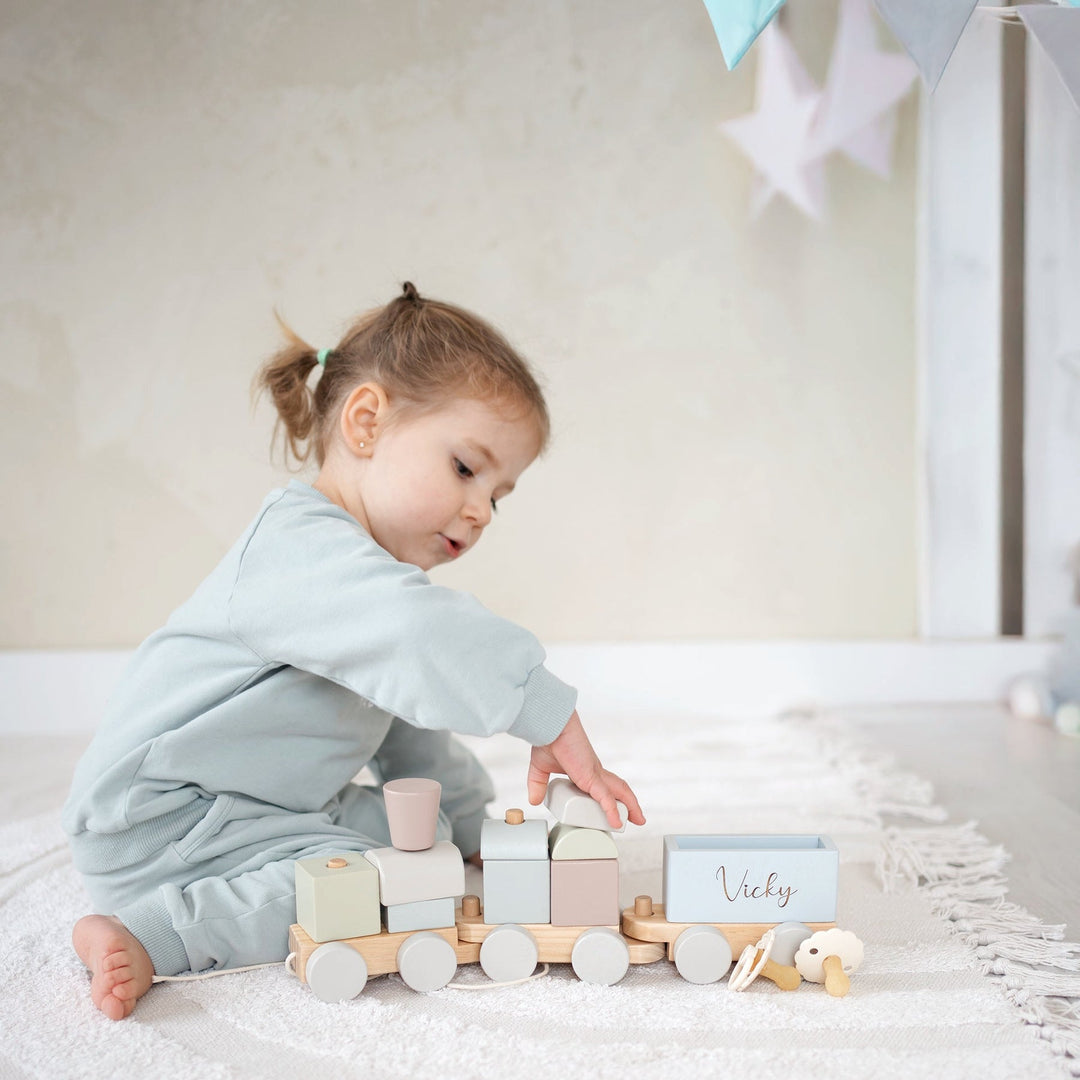 JBØRN Personalised Wooden Pull-Along Stacking Train Set - Personalisable Baby Products Sold and Personalised by JustBørn