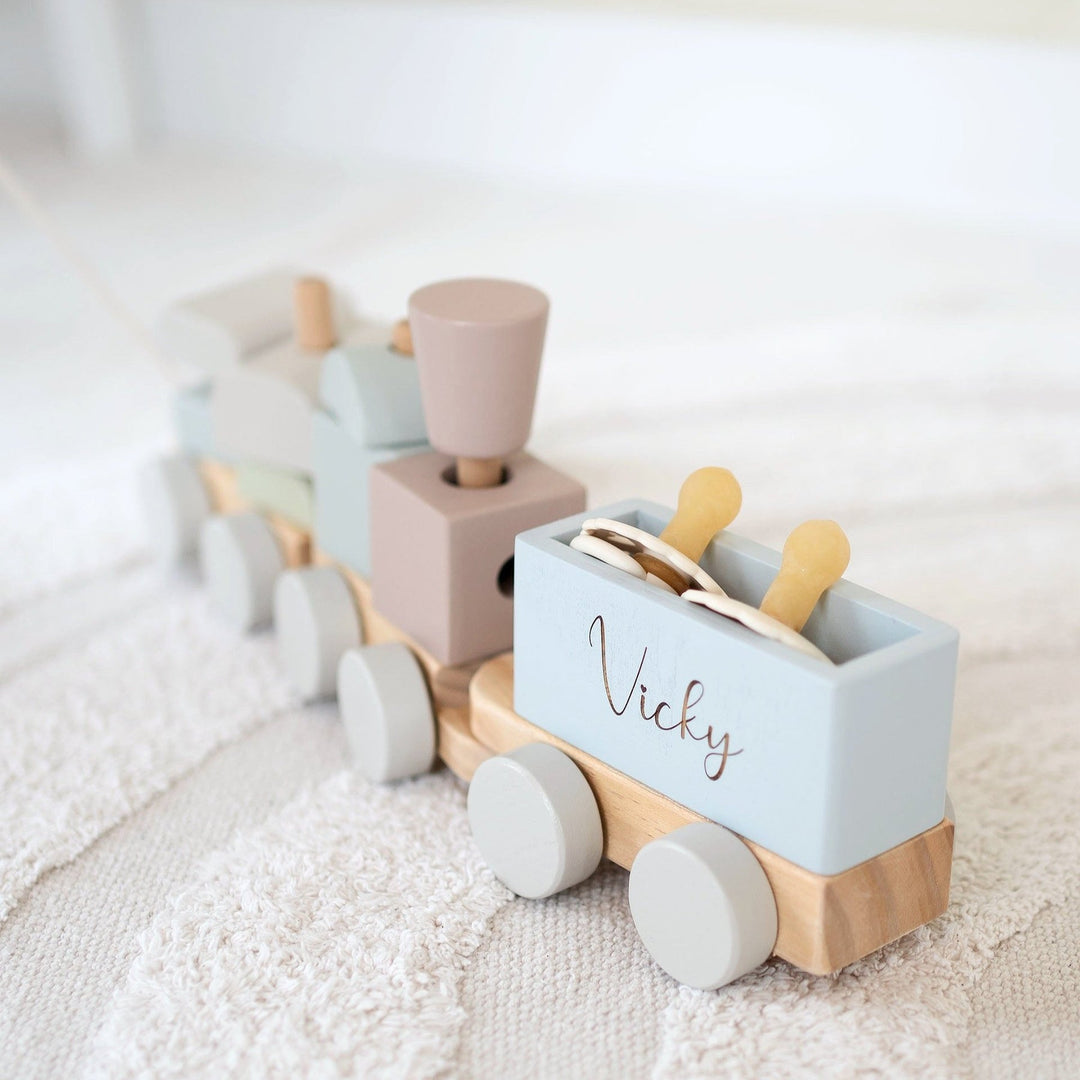 JBØRN Personalised Wooden Pull-Along Stacking Train Set - Personalisable Baby Products Sold and Personalised by JustBørn