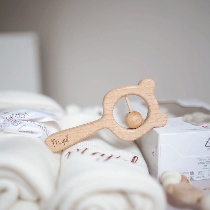 JBØRN Wooden Teddy Rattle & Teether | Personalisable - Personalisable Baby Products Sold and Personalised by JustBørn