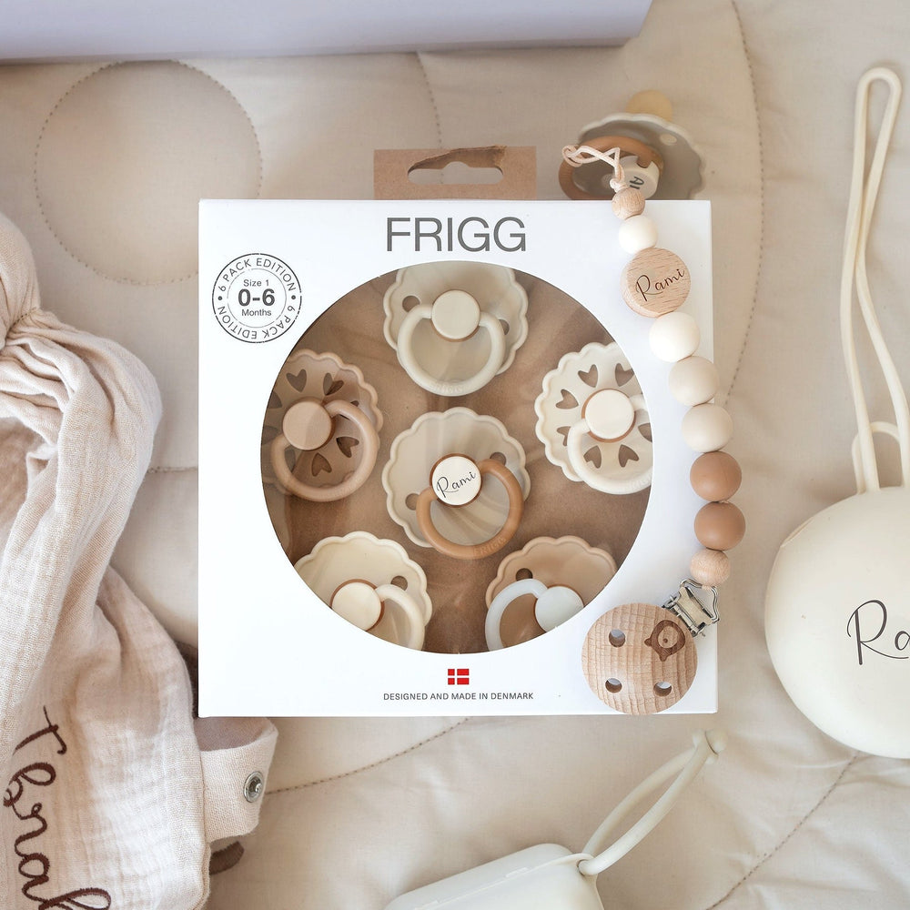 FRIGG Natural Rubber Latex Pacifier Pack of 6 + Matching Holders - Personalisable Baby Products Sold and Personalised by JustBørn
