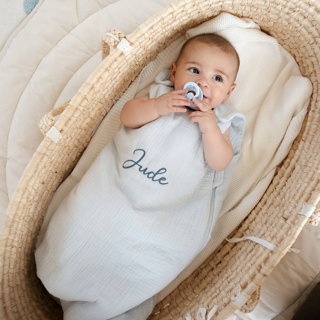 JBØRN Organic Cotton Muslin Sleep Bag | 0-6 Months Powder Blue - Personalisable Baby Products Sold and Personalised by JustBørn
