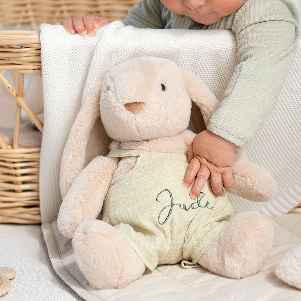 JBØRN Beige Bunny Soft Toy with Personalised Outfit Beige Cuddle Bunny in Pistachio Dungarees - Personalisable Baby Products Sold and Personalised by JustBørn