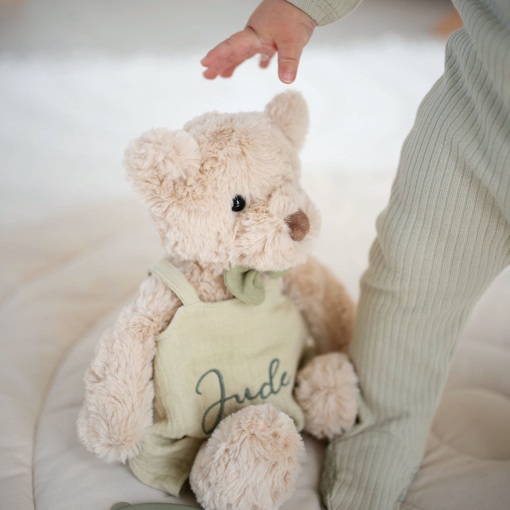 JBØRN Beige Teddy Bear Soft Toy with Personalised Outfit - Personalisable Baby Products Sold and Personalised by JustBørn