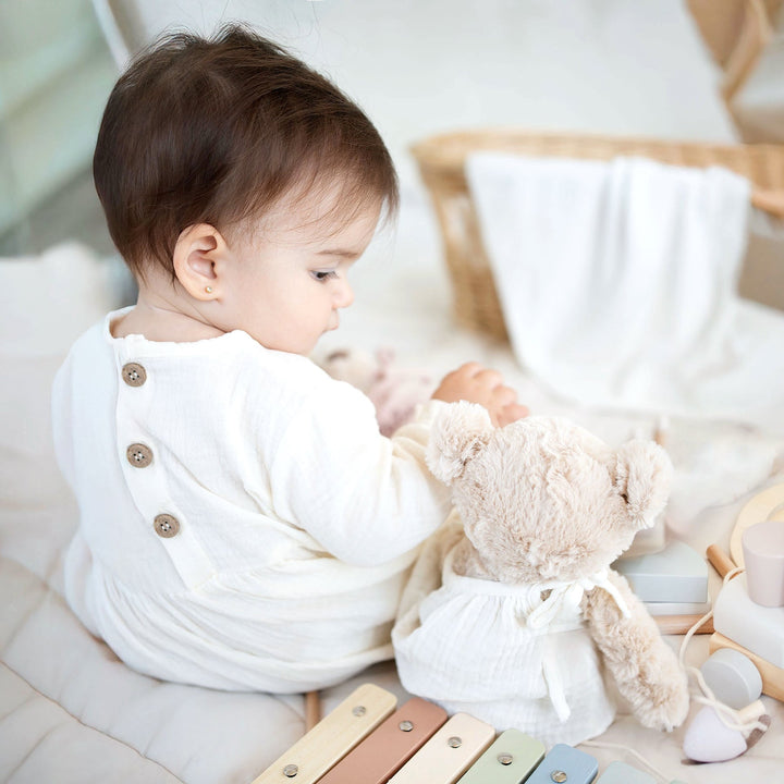 JBØRN Organic Cotton Muslin Baby Girl Dress and Bow | Personalisable Muslin Blush - Personalisable Baby Products Sold and Personalised by JustBørn