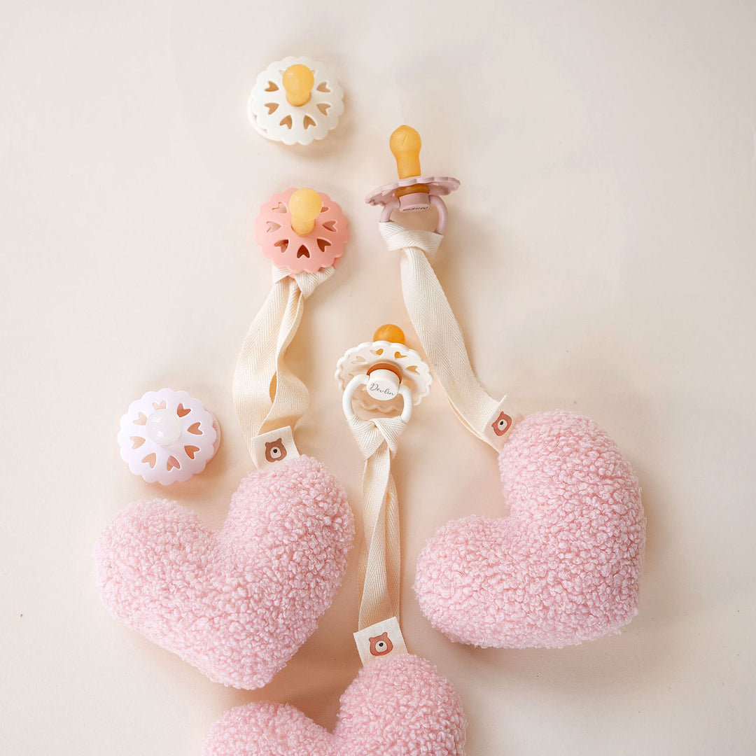 JBØRN x FRIGG Baby Gift Set | Baby's First Pacifier Pack & Holders Set Floral Heart Plush Blush Set - Personalisable Baby Products Sold and Personalised by JustBørn