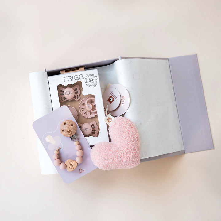 JBØRN x FRIGG Baby Gift Set | Baby's First Pacifier Pack & Holders Set Floral Heart Plush Blush Set - Personalisable Baby Products Sold and Personalised by JustBørn