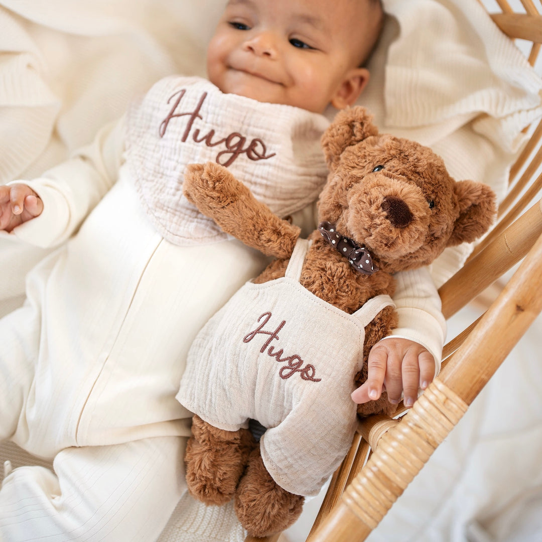 JBØRN Brown Teddy Bear Soft Toy with Personalised Outfit - Personalisable Baby Products Sold and Personalised by JustBørn