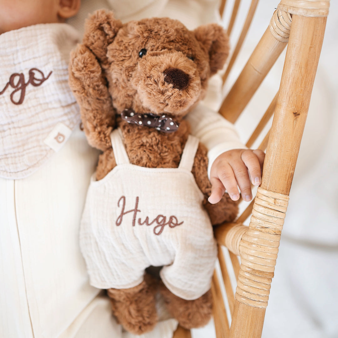 JBØRN Brown Teddy Bear Soft Toy with Personalised Outfit - Personalisable Baby Products Sold and Personalised by JustBørn