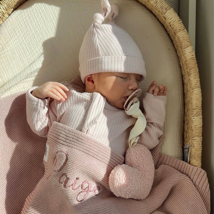 JBØRN Organic Cotton Sleepsuit & Knitted Blanket Set Sleepsuit & Blanket Set | Blush - Personalisable Baby Products Sold and Personalised by JustBørn