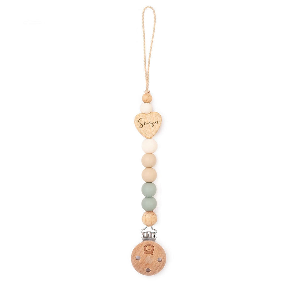 JBØRN HEART Pacifier Clip | Personalisable in Sage & Cream, sold by JBørn Baby Products Shop, Personalizable by JustBørn