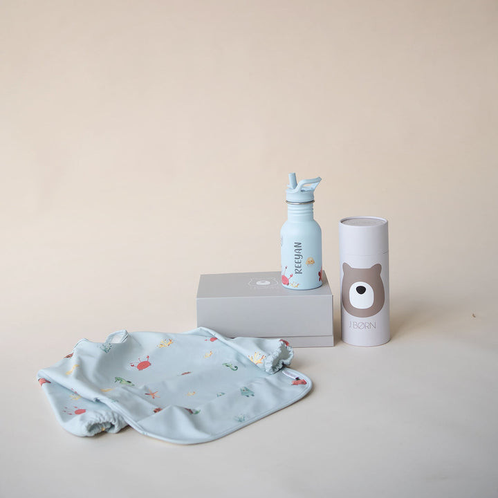 JBØRN First Birthday Gift Set | Personalised Water Bottle & Matching Sleeved Bib - Personalisable Baby Products Sold and Personalised by JustBørn