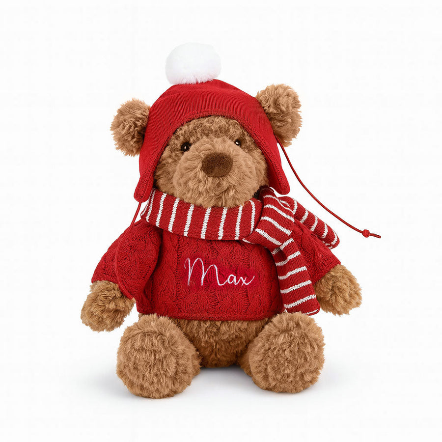 JBØRN Christmas Teddy Bear Soft Toy with Personalised Festive Outfit - Personalisable Baby Products Sold and Personalised by JustBørn