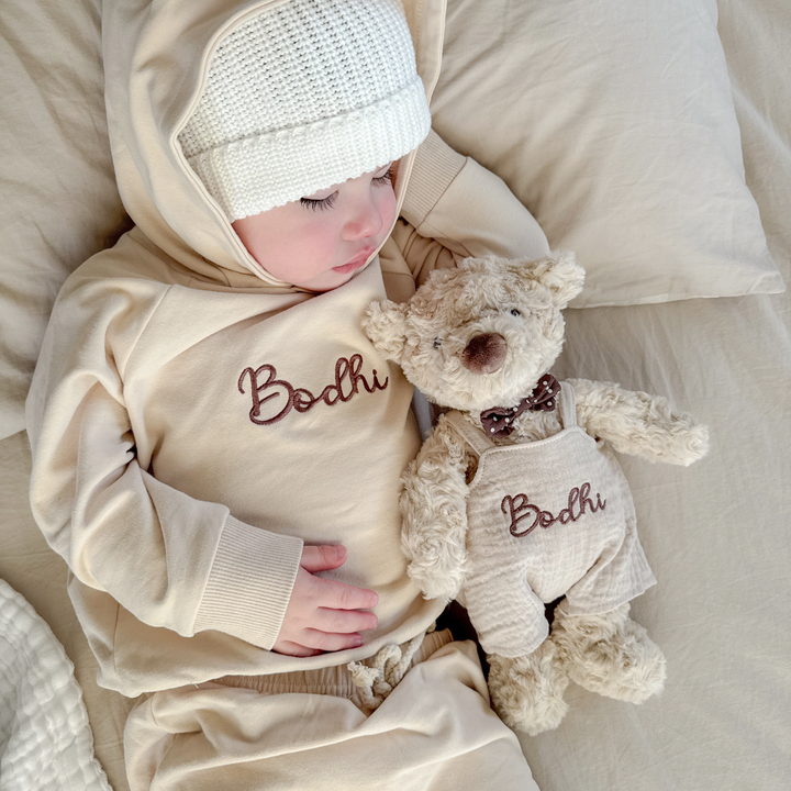 JBØRN Beige Teddy Bear Soft Toy with Personalised Outfit - Personalisable Baby Products Sold and Personalised by JustBørn