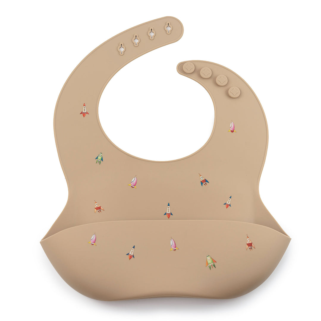 JBØRN Silicone Baby Feeding Bib | Weaning Essentials Rockets Taupe - Personalisable Baby Products Sold and Personalised by JustBørn