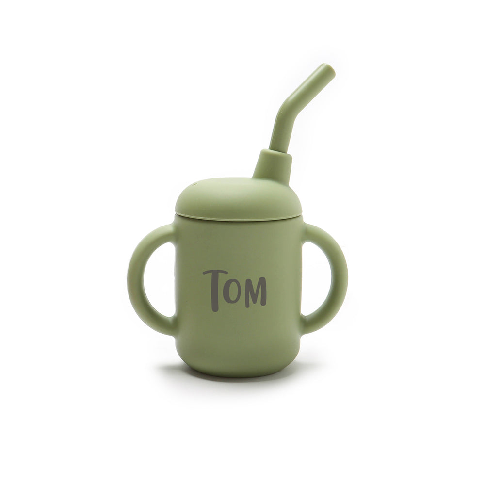 JBØRN Silicone Cup with Straw | Personalisable Olive - Personalisable Baby Products Sold and Personalised by JustBørn