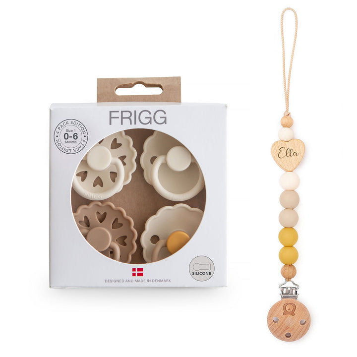 FRIGG Natural Rubber Latex Pacifier Pack of 4 & Matching JBØRN Clip Set - Personalisable Baby Products Sold and Personalised by JustBørn