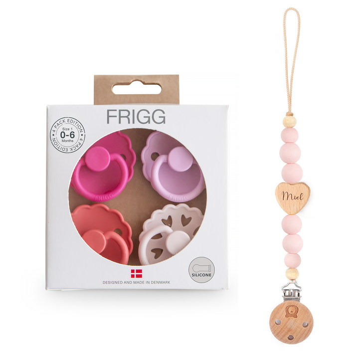FRIGG Natural Rubber Latex Pacifier Pack of 4 & Matching JBØRN Clip Set Rosy Romance - Personalisable Baby Products Sold and Personalised by JustBørn