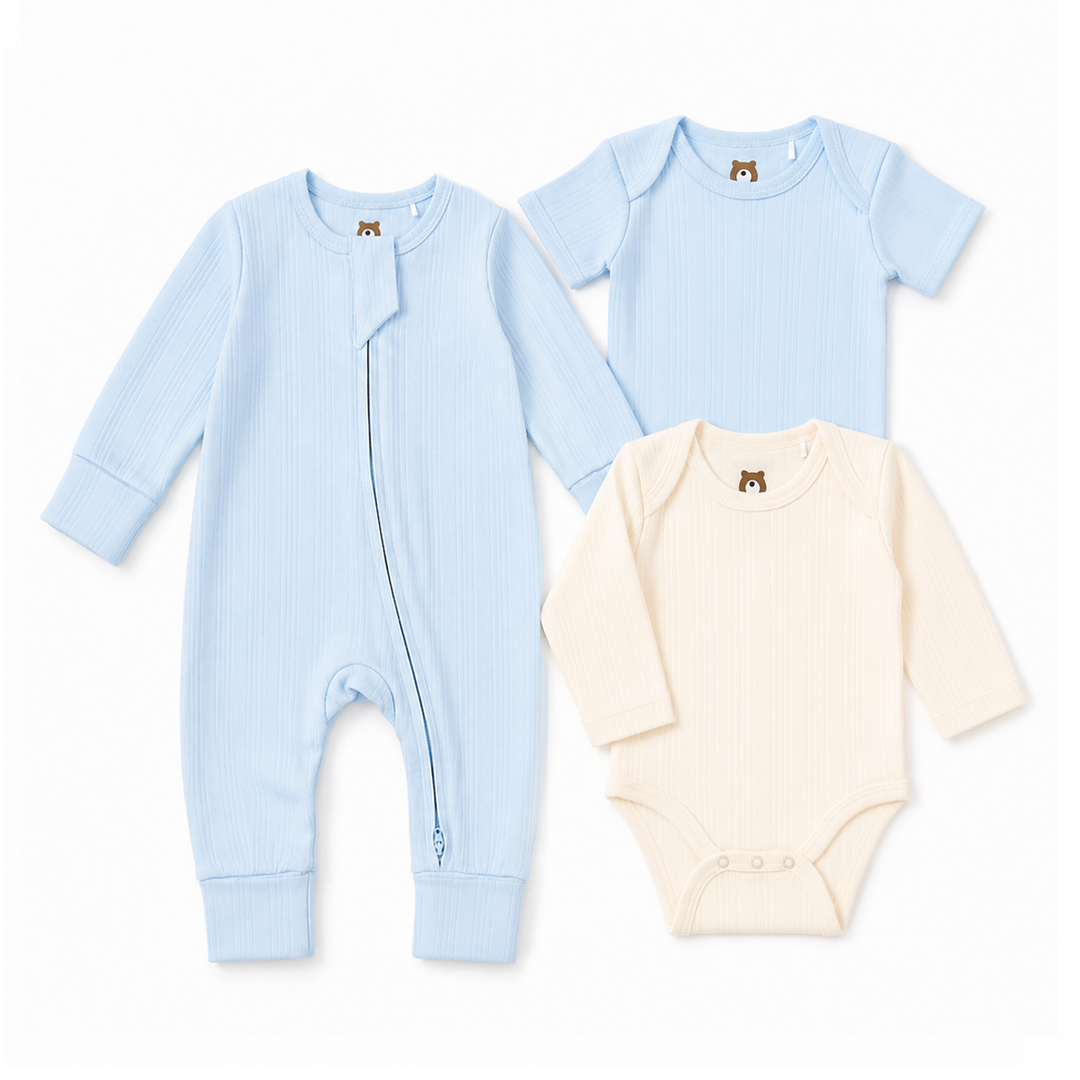 JBØRN Ribbed Bamboo Essential Bundle | 6+months Baby Blue | 3-Piece Set - Personalisable Baby Products Sold and Personalised by JustBørn