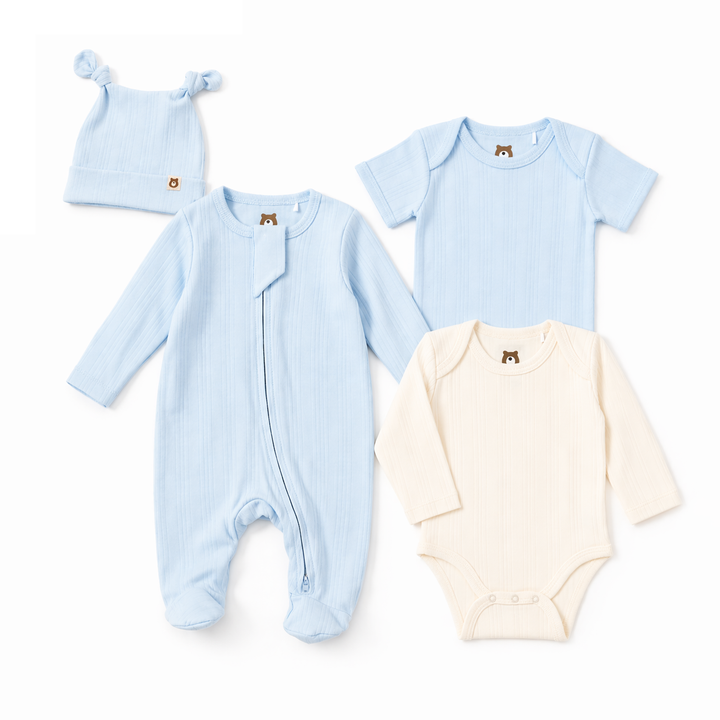 JBØRN Ribbed Bamboo Essential Bundle | 4 Pieces Baby Blue | 4-Piece Set - Personalisable Baby Products Sold and Personalised by JustBørn