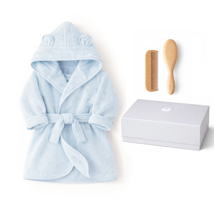 JBØRN Baby Gift Set | Organic Cotton Bathrobe & Hair Brush Set Baby Blue Bathrobe & Hairbrush Gift Set - Personalisable Baby Products Sold and Personalised by JustBørn