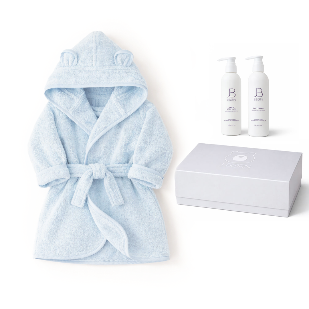 JBØRN Baby Gift Set | JBØRN Bath Robe & Skin Care Baby Blue Bathrobe & Skincare Gift Set - Personalisable Baby Products Sold and Personalised by JustBørn