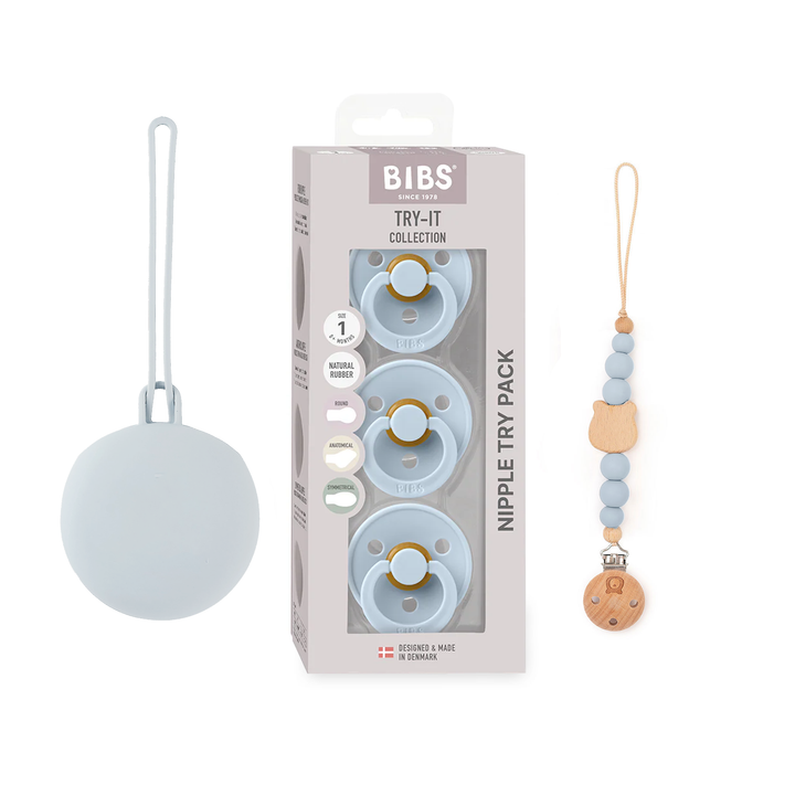 JBØRN x BIBS Baby Gift Set | Baby's First Pacifier Pack & Holders Set Baby Blue - Personalisable Baby Products Sold and Personalised by JustBørn