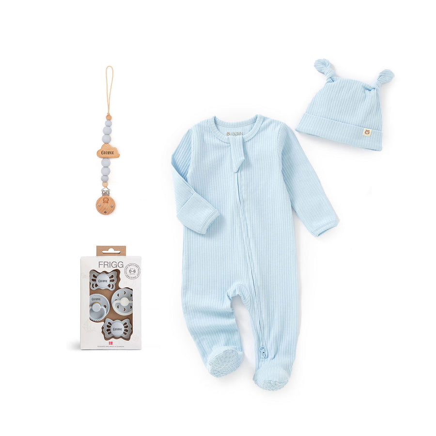 JBØRN x FRIGG Baby Gift Set | Organic Cotton Sleepsuit, First Pacifiers & Matching Clip - Personalisable Baby Products Sold and Personalised by JustBørn