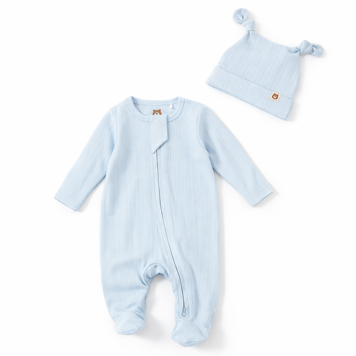 JBØRN Ribbed Bamboo Sleepsuit with Hat | 0–6M Baby Blue | Sleepsuit & Hat Set - Personalisable Baby Products Sold and Personalised by JustBørn