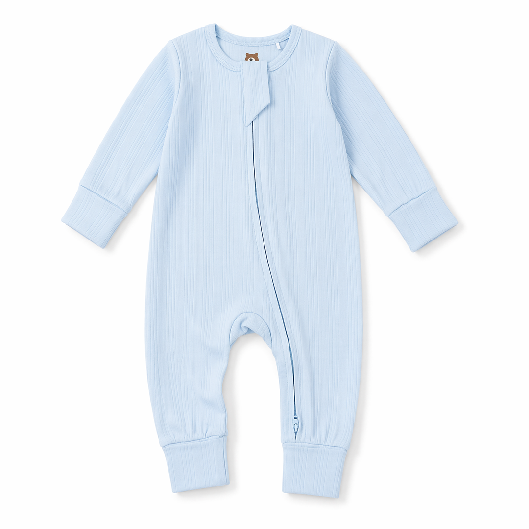 JBØRN Ribbed Bamboo Sleepsuit | 6–12M Baby Blue Sleepsuit - Personalisable Baby Products Sold and Personalised by JustBørn
