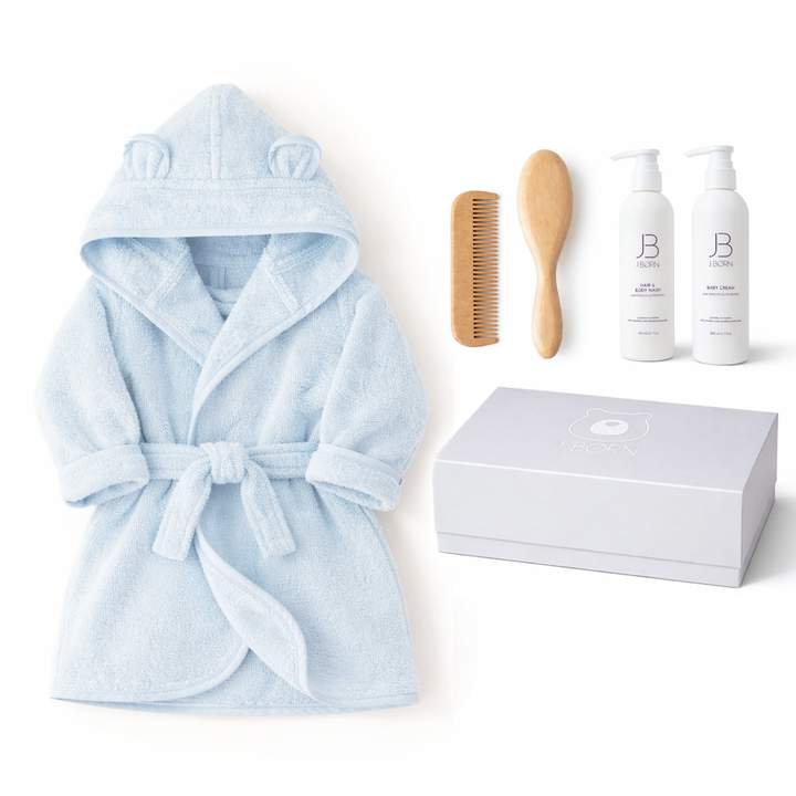 JBØRN Baby Spa Gift Set | Bathrobe, Hairbrush Set & Skincare Baby Blue Spa Gift Set - Personalisable Baby Products Sold and Personalised by JustBørn