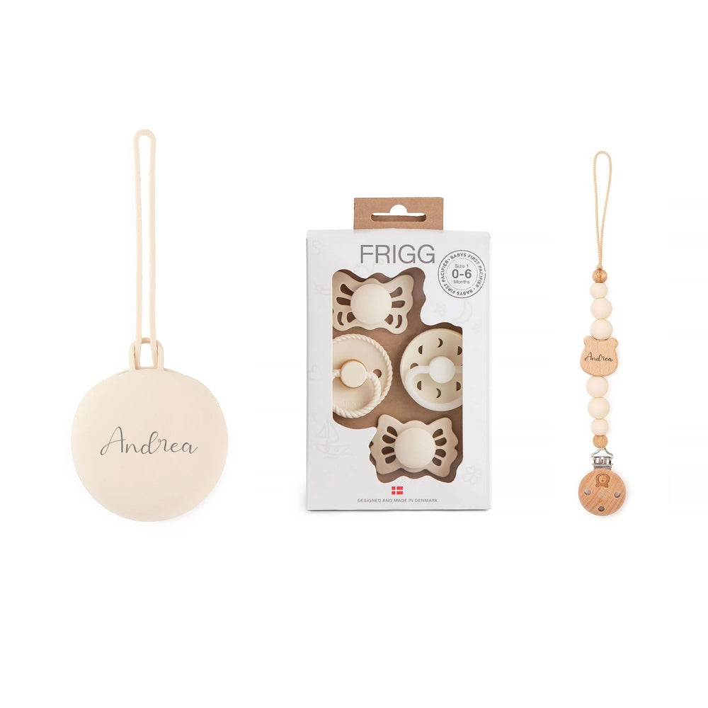 FRIGG Trial Collection Pacifiers & Holders Set in Ivory, sold by JBørn Baby Products Shop, Personalizable by JustBørn