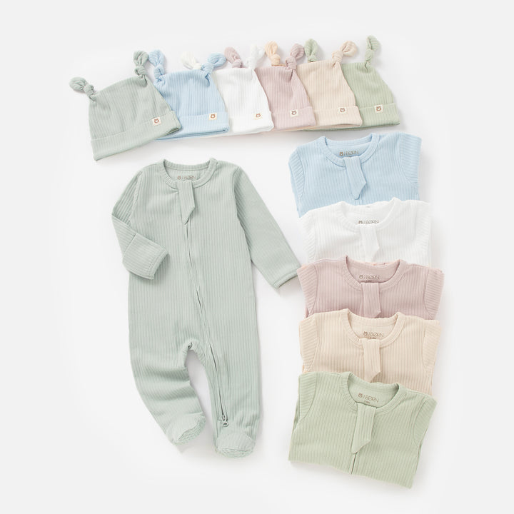 JBØRN Organic Cotton Ribbed Baby Sleep Suit and Hat - Personalisable Baby Products Sold and Personalised by JustBørn