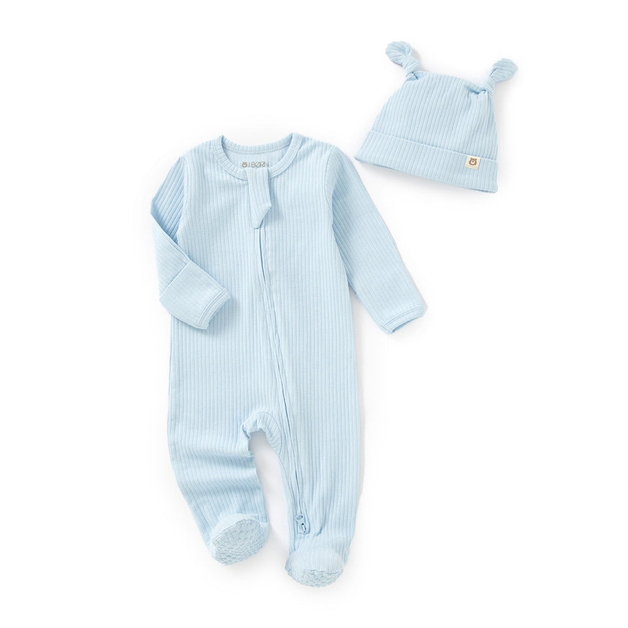 JBØRN Organic Cotton Ribbed Baby Sleep Suit and Hat in Ribbed Baby Blue, sold by JBørn Baby Products Shop, Personalizable by JustBørn