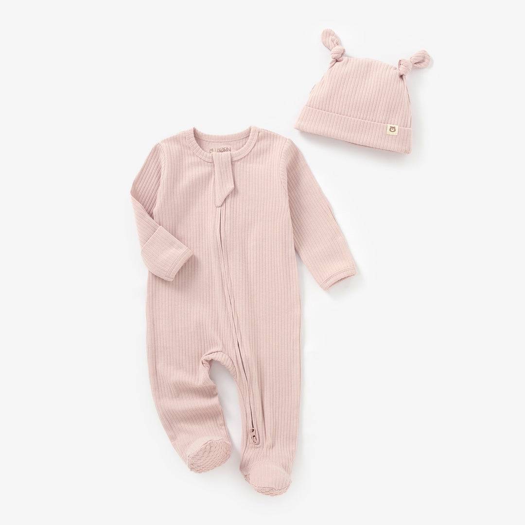 JBØRN Organic Cotton Ribbed Baby Sleep Suit and Hat Ribbed Blush - Personalisable Baby Products Sold and Personalised by JustBørn