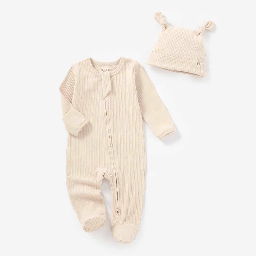 JBØRN Organic Cotton Ribbed Baby Sleep Suit and Hat Ribbed Peach Cream - Personalisable Baby Products Sold and Personalised by JustBørn