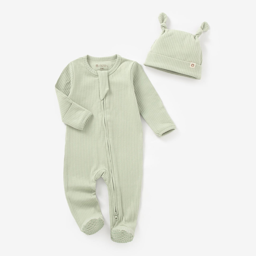 JBØRN Organic Cotton Ribbed Baby Sleep Suit and Hat Ribbed Pistachio - Personalisable Baby Products Sold and Personalised by JustBørn