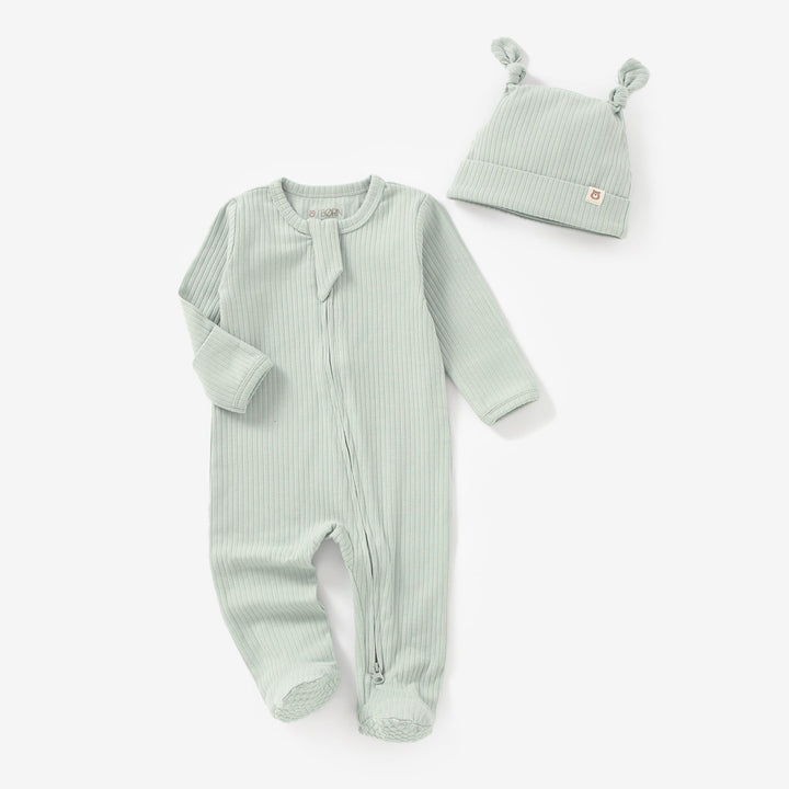 JBØRN Organic Cotton Ribbed Baby Sleep Suit and Hat Ribbed Sage - Personalisable Baby Products Sold and Personalised by JustBørn